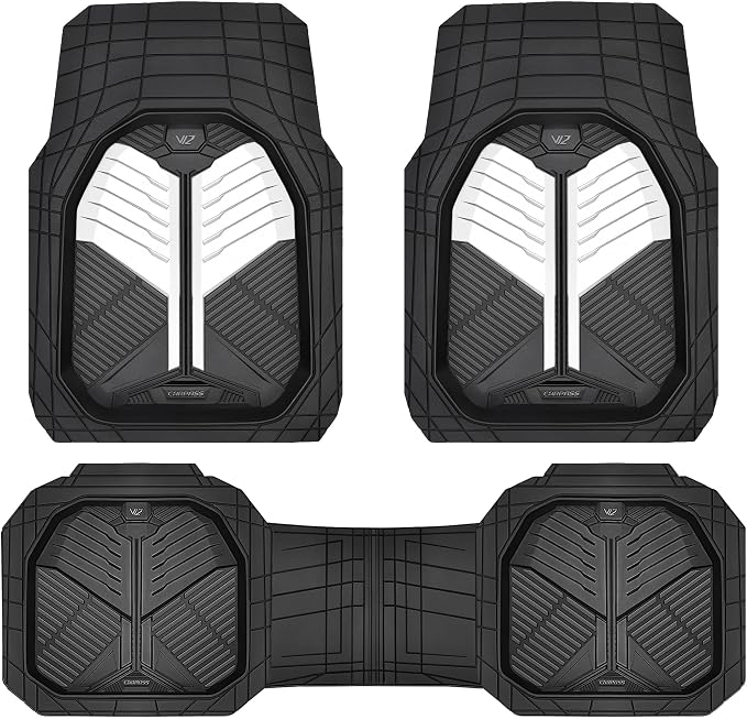 CAR PASS Heavy Duty Rubber Car Mats, Deep-Dish Car Floor Mats All Weather, Universal Two-Tone Trim-to-Fit for SUVs Trucks Sedans, Waterproof Anti-Slip, 3 Pieces V12 Black and White