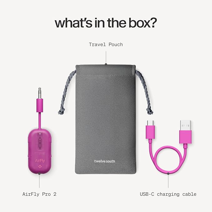 AirFly Pro 2 – Bluetooth Adapter for Airplane, Pair 2 AirPods or Wireless Headphones – 3.5mm AUX Bluetooth Transmitter for Cars, Boats, Treadmills, TVs– Airplane Travel Essentials, Fuchsia Ice