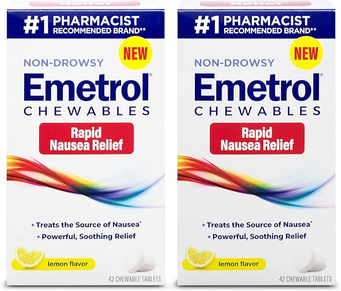 Emetrol Non-Drowsy Nausea Relief - Chewable Medicine for Upset Stomach - Pharmacist Recommended Nausea Relief - Lemon Flavor, 84 Tablets
