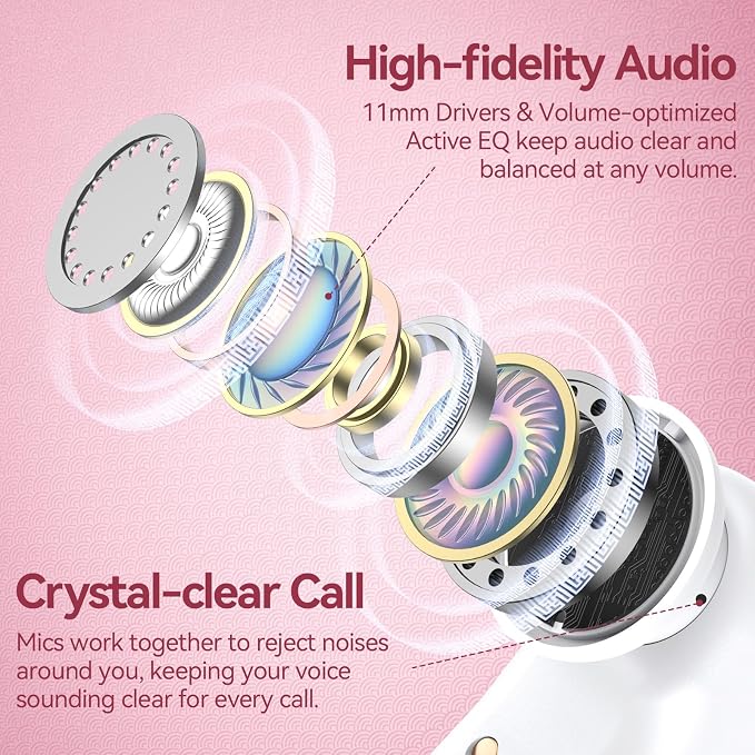 Active Noise Cancelling Ear Buds Wireless Earbuds 80H Playtime Bluetooth Headphones with LED Display Case, Hi-Res Audio Clear Calls Earphones with Over Ear Hooks for Running Gym Workout Rose Gold