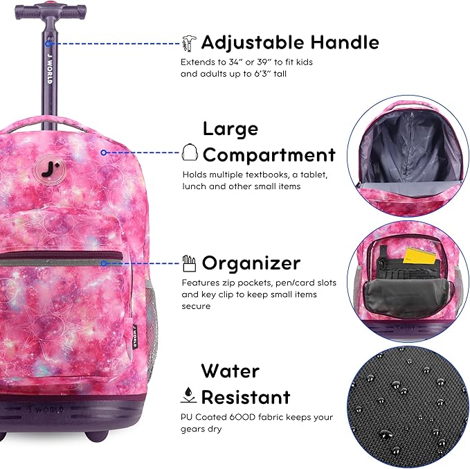 J World Sunrise Kids Rolling Backpack for Girls Boys. Roller Bookbag With Wheels For School, Purple Galaxy