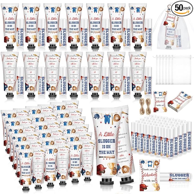50 Sets 200 Pcs Baby Shower Hand Lotion and Lip Balm Gift a Little Slugger Is on the Way Theme Baby Shower Party Favors Travel Size Hand Lotion and Lip Balm Bulk with Organza Bags Tags