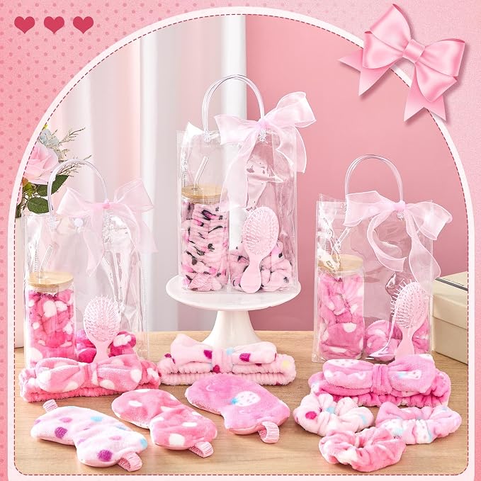 37 Pcs Spa Sleepover Party Supplies for Girls, 6 Set Spa Party Favors, Include Cups, Hairbands, Sleep Eye Mask, Headband, Brush, Tote Bags with Ribbon for Pink Sleepover Birthday Favors
