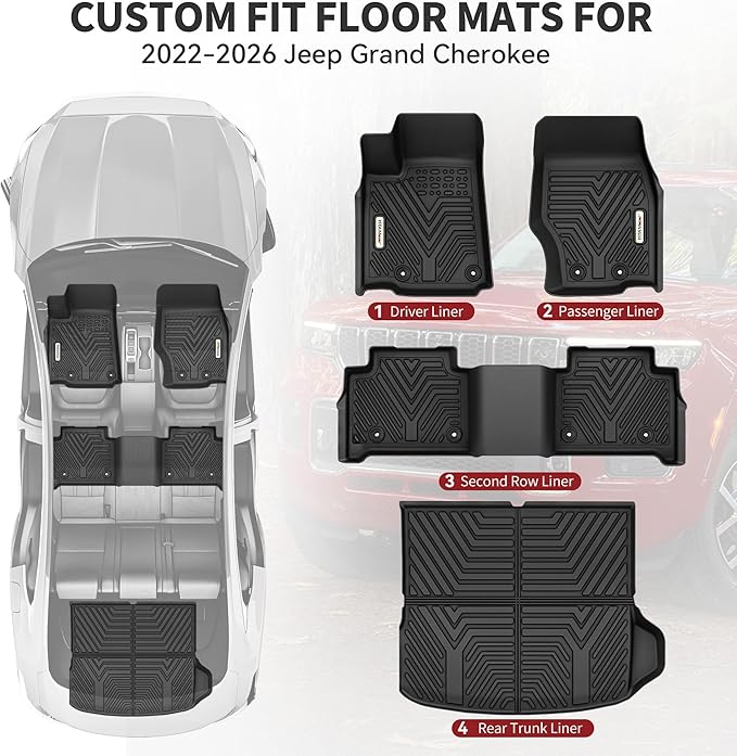 YITAMOTOR Floor Mats & Cargo Mats for Jeep Grand Cherokee 2022-2026 (Include 4xe NOT for L or WK), All Weather Custom Fit TPE Rubber Mat, Rugged Cherokee Accessories, Anti-Slip Floor Liners Set, Black