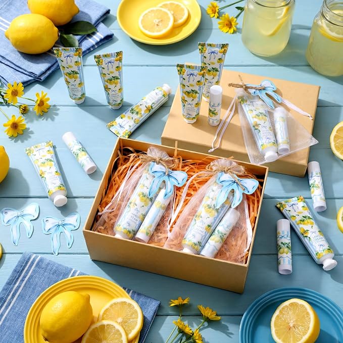24 Sets Lemon Bow Hand Cream and Lip Balm Amalfi Coast Gifts Lemon Bridal Shower Party Favors Blue Bow Baby Shower Favor for Guest Travel Size Hand Lotion and Lip Balm Bulk Birthday Party Supplies