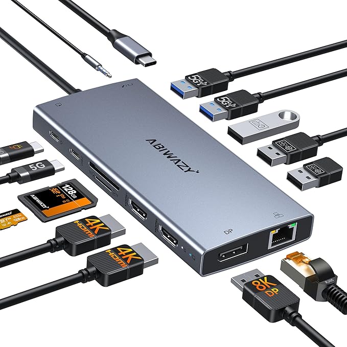 USB C Docking Station Dual Monitor, 15 in 1 Docking Station 3 Monitors with DP 8K, 2 HDMI 4K, 6 USB A/C Ports, 100W PD, Ethernet, Audio, SD/MicroSD, ABIWAZY USB C Hub for Dell/HP/Lenovo