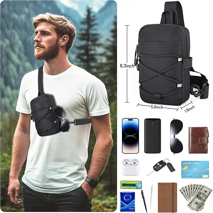 MOZETO Mini Sling Bag, Mens Travel Hidden Anti-theft Pocket Small Crossbody Bag, Water Resistant Phone Holder Casual Utility Chest Side Pack | Anti-Theft, Credit Card Slot, Lightweight, Water Resistant, Detachable Strap
