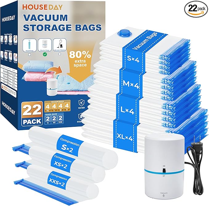 HOUSE DAY 22 Pack Vacuum Seal Bags For Clothing Travel, Vacuum Bags With Electric Pump, Vacuum Sealer Bag for Clothes, Comforters, Blankets, Pillows, Moving (4XL/4L/4M/4S/2S Roll/2XS Roll/2XXS Roll)