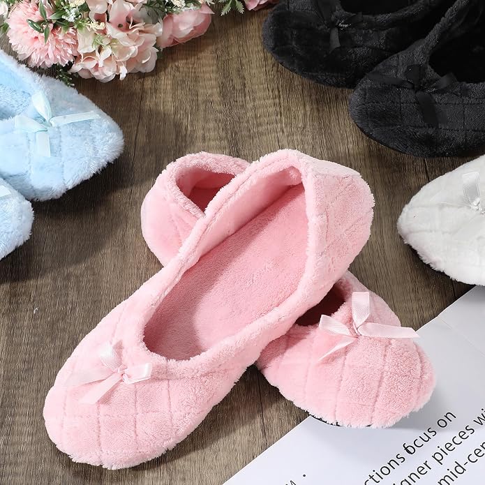 Geyoga 4 Pairs Women's Slippers Ballerina Ballet with Satin Bow Tie Non Slip Slippers Ballet House Socks for Wedding Housewarming