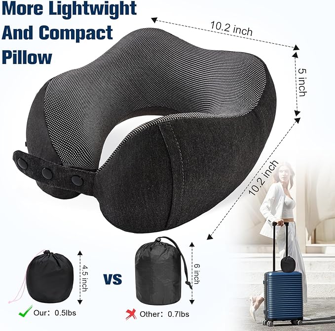 Cirorld Neck Pillow for Traveling, Travel Pillows for Airplanes,100% Pure Memory Foam Travel Neck Pillow, Adjustable Flight Pillow, Portable Plane Accessories with Eye Mask, Earplugs, Carry Bag