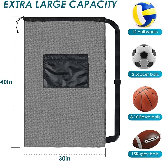 BROTOU 5PCS Extra Large Mesh Sports Ball Bags - Soccer Ball Bag Drawstring Bags with Shoulder Strap for Basketball, Volleyball, Swimming Gear