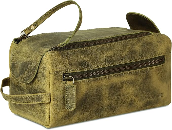 KomalC Premium Buffalo Leather Toiletry Bag for Men & Women With Water resistant Lining, Grooming Travel Pouch, Unisex Wash Bag for Toiletries, Gifts for Men and Women