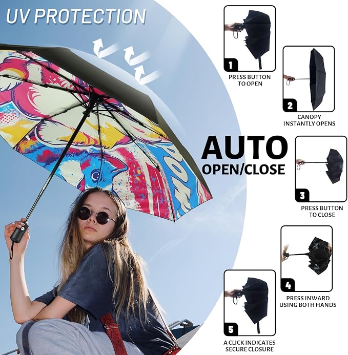 SY COMPACT Travel Umbrella - Windproof Automatic Compact Umbrella for Rain, Lightest 8-Rib, Small, Strong & Portable, Durable Grip, Fits Backpack & Car, Factory Direct (UV Available)