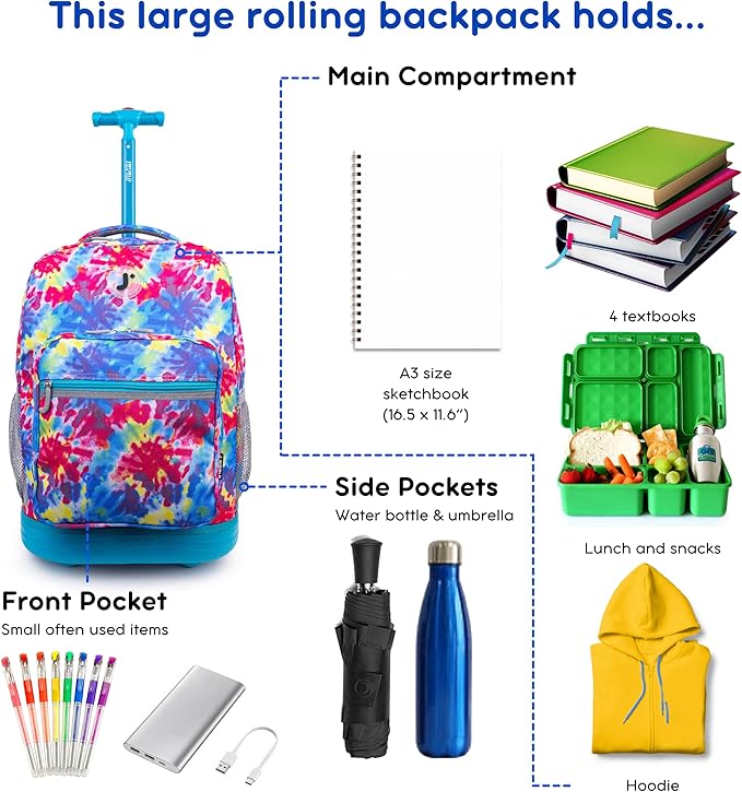 J World Sunrise Kids Rolling Backpack for Girls Boys. Roller Bookbag With Wheels For School, Tie Dye