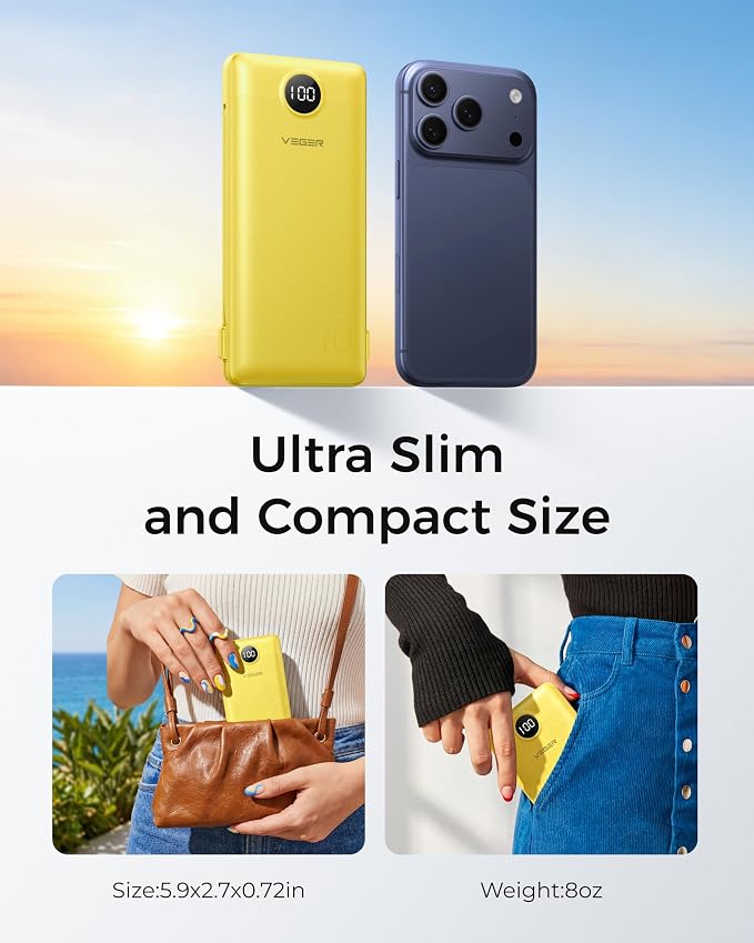 VEGER Portable Charger Power Bank with Built-in AC Plug and Cables, All in One 10000mAh Ultra Slim Travel Essentials, Fast Charging Battery Pack Compatible with iPhone, Samsung, Android, Yellow