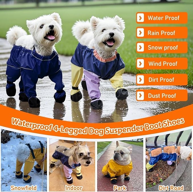 Waterproof Dog Boots Rain Boots with Suspender, Dogs Shoes Paw Protector for Small Medium Puppy, Anti-Slip Doggy Boot Belly Protector, Rain Booties Snow Booties (Medium, bluef)
