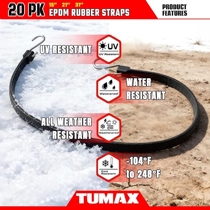 20PCS Rubber Tarp Straps Assorted Sizes with 150% Max Stretch, 100% EPDM Bungee Cords with Hooks, Ideal for Securing Tarps, Cargo, Canvases, 15", 21", 31"