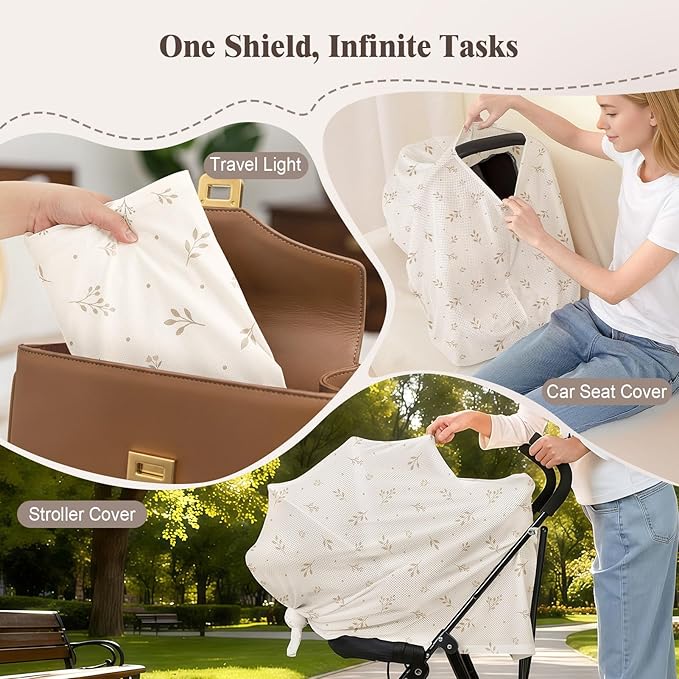 Basumee Nursing Cover for Breastfeeding Breathable Mesh 360 Full Privacy Nursing Wrap Multi-Use Breast Feeding Covers for Women Moms Feeding Essentials, Beige Branches, 1 Pack