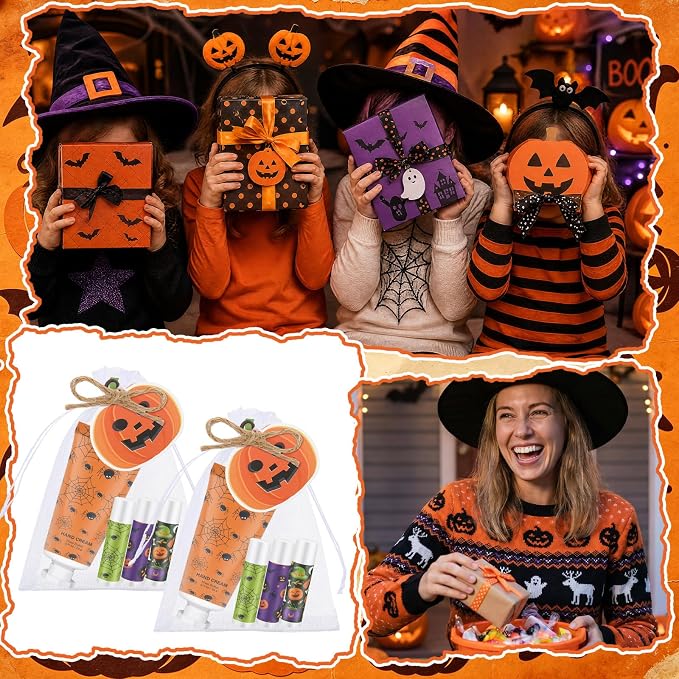 144 Pcs Halloween Lip Balms Hand Cream Sets Halloween Party Supplies Including 36 Ghost Pumpkin Lip Balm and Spider Moisturizing Hand Cream 36 Organza Bags Cards and Ropes for Thank You Gifts