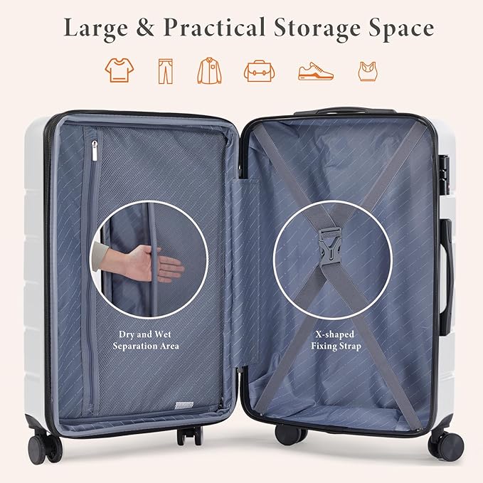 Sweetcrispy 3 Piece Luggage Set, Hard Shell ABS Travel Suitcase with Silent Spinner Wheels, TSA Combination Lock, Lightweight Rolling Suitcases for Business Trip Vacation, White, 20/24/28 Inch