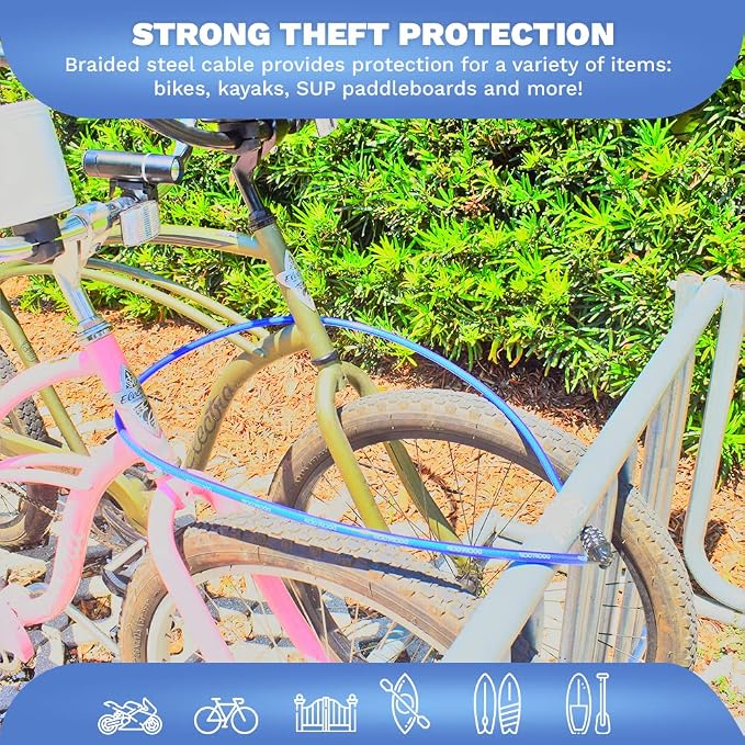 DocksLocks Weatherproof Straight Security Cable Lock (5ft to 25ft Lengths) with Resettable Combination, Anti-Theft Protection for Kayak, Bike, Paddleboard, Scooter, Equipment, Bicycles and More 10ft