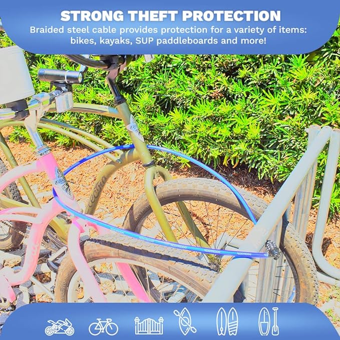 DocksLocks Weatherproof Straight Security Cable Lock (5ft to 25ft Lengths) with Resettable Combination, Anti-Theft Protection for Kayak, Bike, Paddleboard, Scooter, Equipment, Bicycles and More 15ft