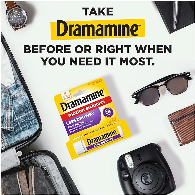 Dramamine Non-Drowsy, Motion Sickness Relief, Made with Natural Ginger, 18 Count & Motion Sickness Relief Less Drowsey Formula, 8 Count