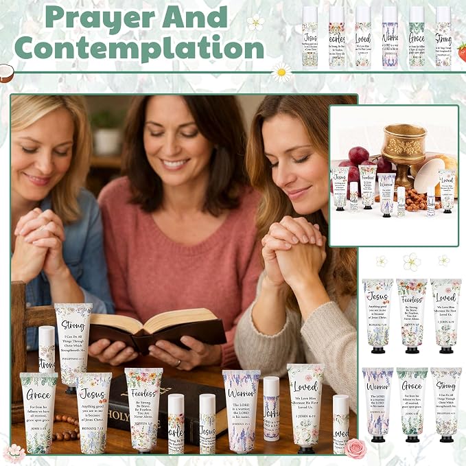 Loopeer 18 Sets Bulk Christian Hand Cream and Lip Balm Set for Women Religious Travel Size Moisturizing Lip Care Mini Religious Gifts for Women Coworker Appreciation Gift