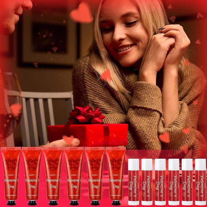30 Sets Valentine's Day Hand Cream and Lip Balm Gift Bulk for women Romantic Love Heart Gifts with Organza Bag, Tag, Valentine Party Favors for family Teacher Nurse Coworker