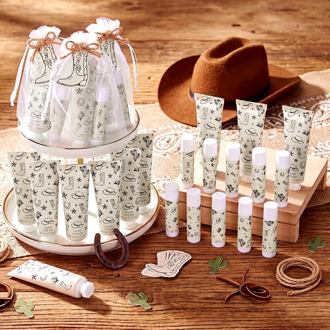 30 Sets Brown Western Baby Shower Party Favors Hand Creams and Lip Balms Gift Bulk for Guests Disco Boots Travel Size Hand Lotion and Lip Balm Gifts for Birthday Bridal Shower