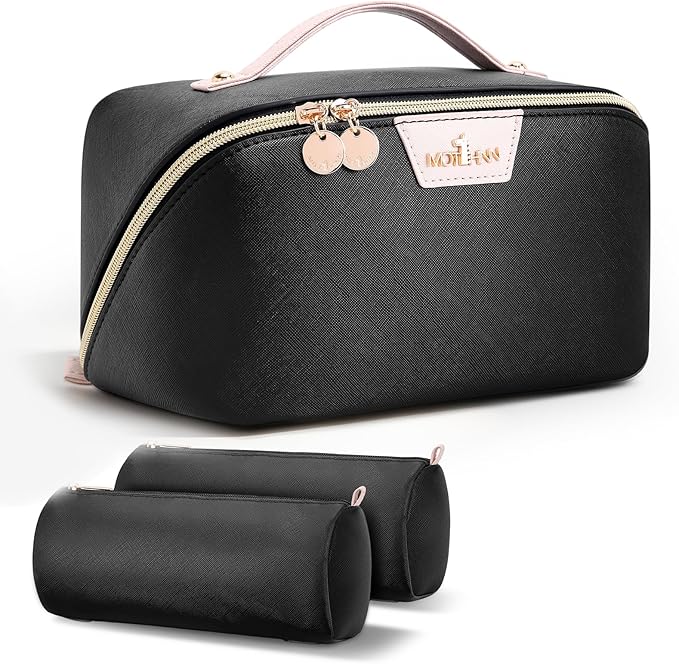 Travel Makeup Bag for Women: 3-in-1 Large Capacity Cosmetics Organizer with 2 Detachable Pouch - Vegan Leather Flat Open Toiletry Bag - Portable Travel Essentials for Full-Sized Bottles-Black