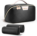 Travel Makeup Bag for Women: 3-in-1 Large Capacity Cosmetics Organizer with 2 Detachable Pouch - Vegan Leather Flat Open Toiletry Bag - Portable Travel Essentials for Full-Sized Bottles-Black