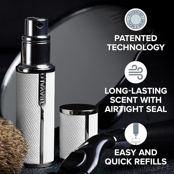 Travalo Milano Perfume Atomizer - Leak-Proof and TSA Approved for Air Travel - Reusable, Airtight, Easy Fill Mini Pump Sprayer - Lightweight, Vegan Leather with Polished Metal Outer Shell - White
