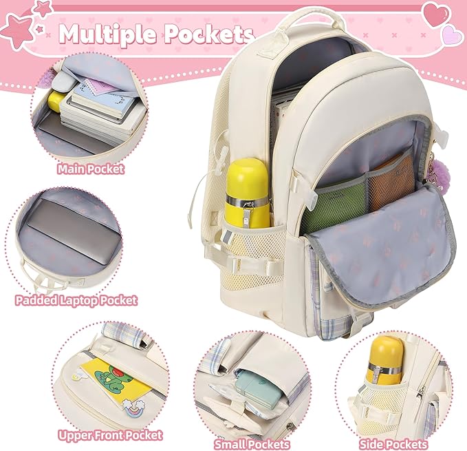 Backpack for Girls 15.6 Inch Laptop School Bag Kids Elementary College 3pcs Backpacks Lunch box Pencil Case Set Bookbags for Girls Teen Women Student Beige