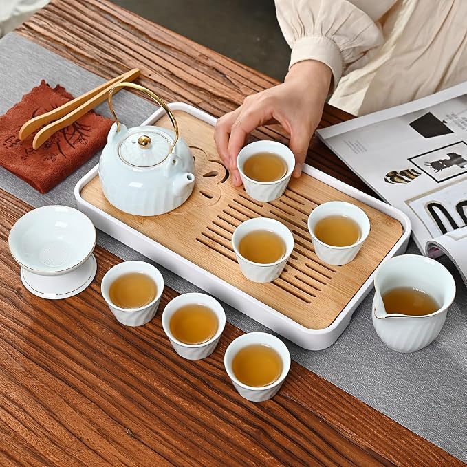 Chinese tea set, Kung fu tea set with 6 cups, Handle lifting Gongfu teaset, Home Office Outdoor Hotel (TilangB 6cups)