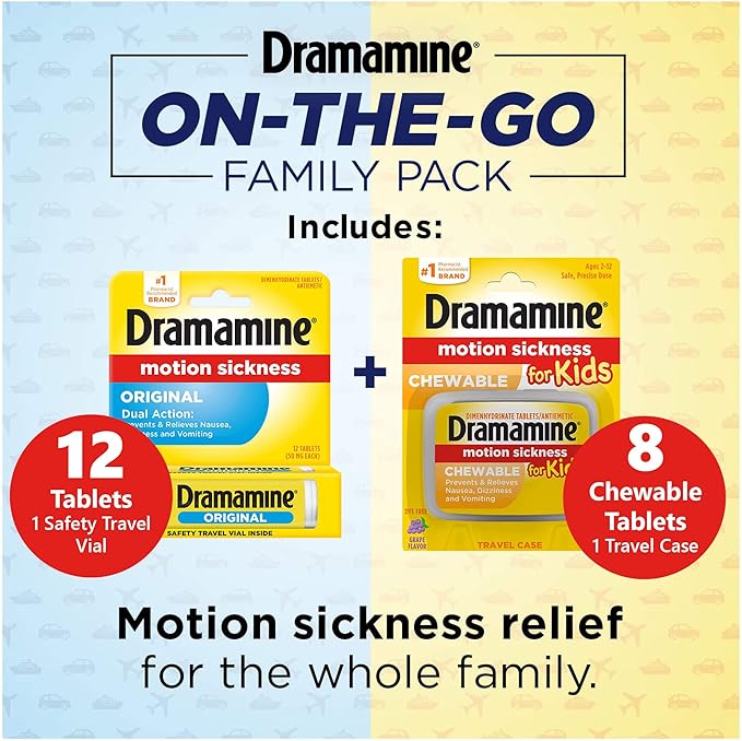 Dramamine Motion Sickness Family Pack | kid's Chewable Tablets & Original Formula