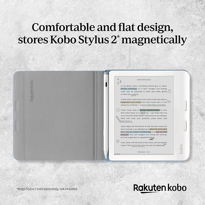 Kobo Libra Colour SleepCover Case | Dusk Blue Stylus Notebook | Sleep/Wake Technology | Built-in 2-Way Stand | Vegan Leather | Compatible with 7” Kobo Libra Colour eReader