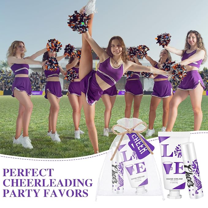 144 Pcs Cheerleading Lip Balms Hand Cream Sets Purple Cheerleading Party Supplies Including 36 Lip Balm and Moisturizing Hand Cream 36 Organza Bags Cards and Ropes for Team Thank You Gifts