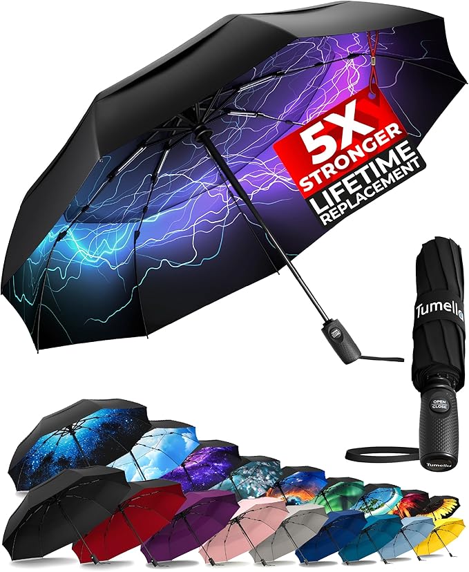 TUMELLA Strongest Windproof Travel Umbrella (Compact, 100MPH Wind-Tested), Light, Portable, One-Handed Use, Automatic Folding Rain Umbrella, Durable, Premium Grip, Fits Car & Backpack