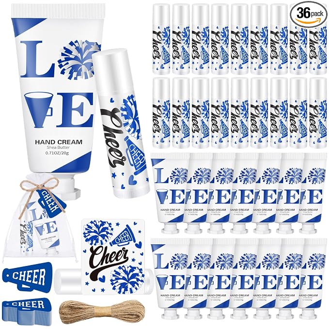 144 Pcs Blue Cheer Lip Balm Hand Cream Set Party Favors Cheer Teams Camp Gifts Include 36 Lip Balm 36 Moisturizing Hand Cream 36 Bags 36 Cards and Ropes for Guest Party Supplies Accessories