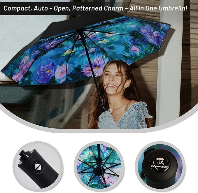 SY COMPACT Travel Umbrella - Windproof Automatic Compact Umbrella for Rain, Lightest 8-Rib, Small, Strong & Portable, Durable Grip, Fits Backpack & Car, Factory Direct (UV Available)
