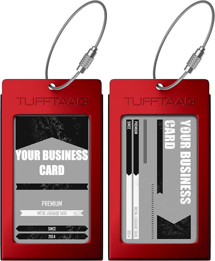 Luggage Tags Business Card Holder by TUFFTAAG - Durable Travel ID Bag Tag, Red Steel, 2 Tags