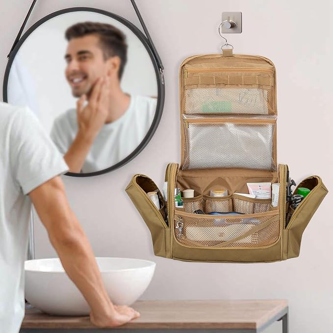 Tactical Toiletry Travel Bag for Men, Hanging Dopp Kit Hygiene Bag Shower Organizer with Hook for Toiletries and Shaving Care, Khaki (Empty Bag)