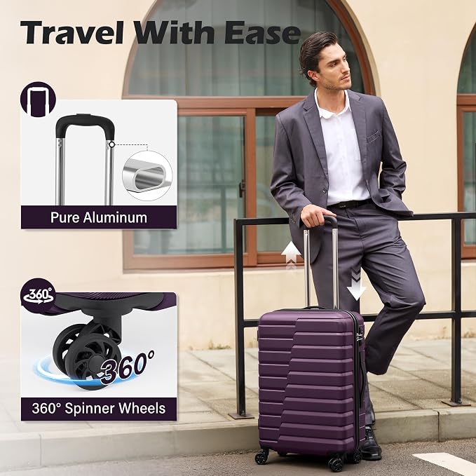 Coolife Medium Luggage Hardside Carry On with Spinner Wheels TSA Lock Telescopic Handle 24inch-Purple