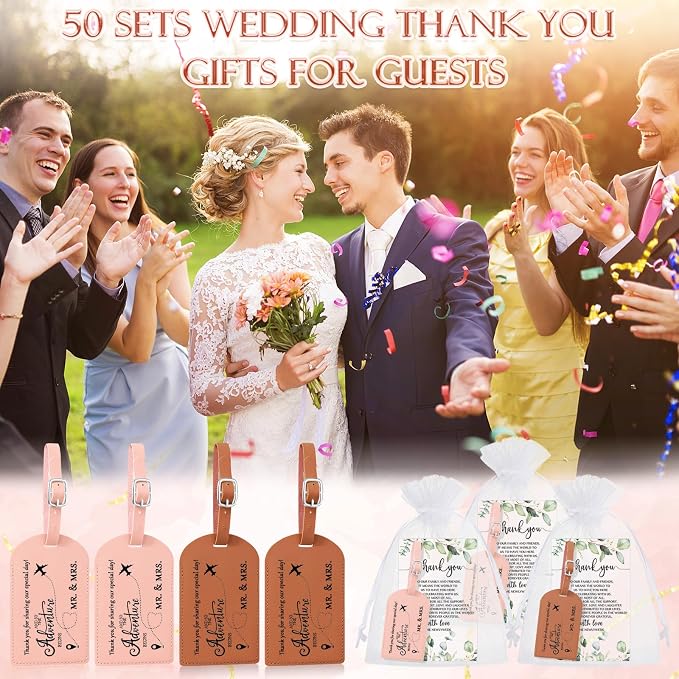 Dandat 50 Sets Luggage Tags Bulk Destination Wedding Favors for Guest Adventure Begins Favor with Thank You Cards and Organza Bags for Travel Wedding Bridal Shower Return Favors, Pink Brown