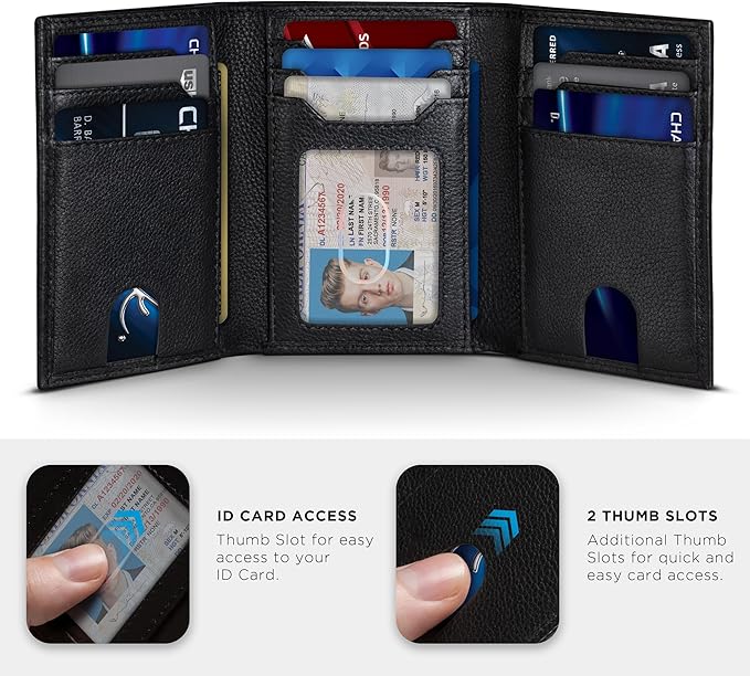 SERMAN BRANDS Trifold Wallet for Men - RFID Blocking Genuine Leather, 11 Card Slots & ID Window, Slim Everyday Carry, Durable Stitching, Gift for Him