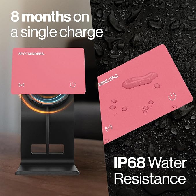 SPOTMINDERS Apple MFi Certified Wallet Tracker Card for Travel Gifts for Women - Works with Apple Find My Rechargeable Tracking Card for Wallet Luggage Passport Purse Slim 0.07in IP68 Pink Item Finder