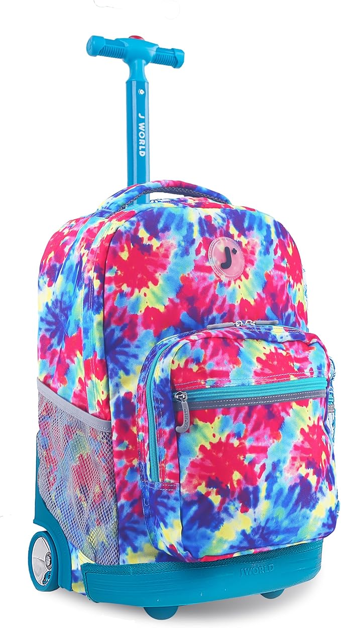 J World Sunrise Kids Rolling Backpack for Girls Boys. Roller Bookbag With Wheels For School, Tie Dye