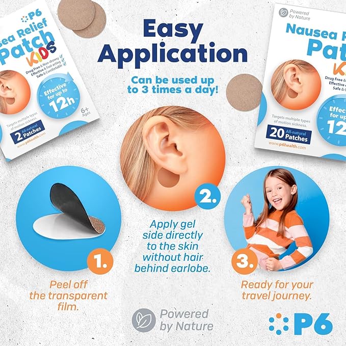 P6 Motion Sickness Patches for Kids - All Natural Sea Sickness Patches for Cruise and Car - Non Drowsy Motion Patch for Children - Safe Motion Sickness Patch for Travel - Ginger and Cinnamon