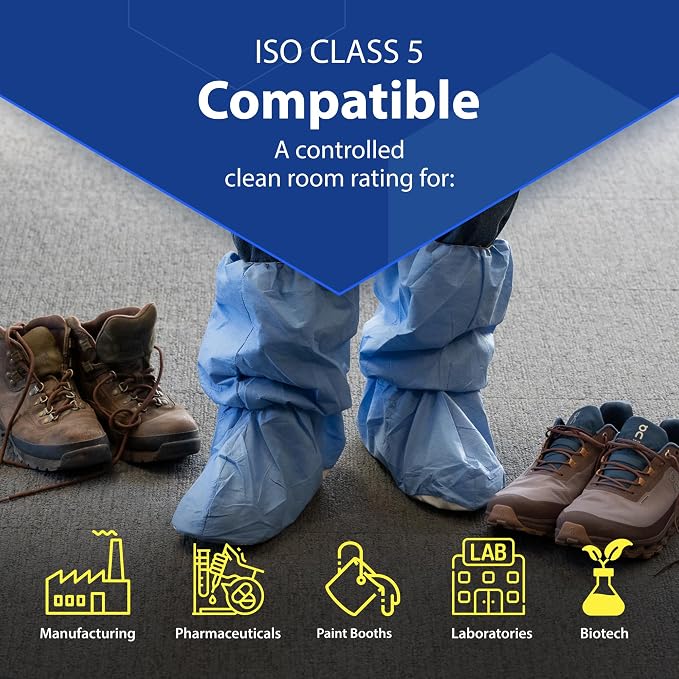 Quest Traction Disposable Boot & Shoe Covers 18" Tall – Non-Slip, Water-Resistant Protective Overshoes, Blue, Small, 50 Pairs for Cleanroom, Medical & Industrial Use